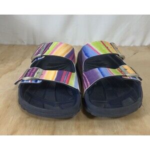 Birkenstock Birki Slide Sandals Womens Size 5 5.5  Colorful Stripe Silver Buckle